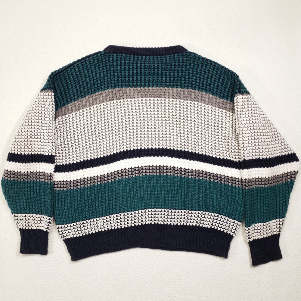 Donegal II Sweater Men Medium Teal Gray White Striped Hand Loomed Cotton Ireland - Picture 4 of 8